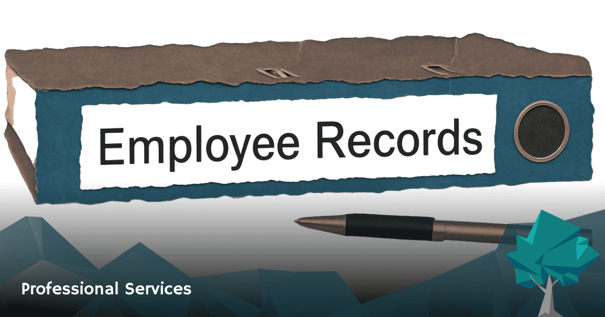 A torn paper strip reveals a blue binder spine labeled Employee Records with a pen resting below it, the kind of employee documentation a professional services firm has to produce when a claim arrives.